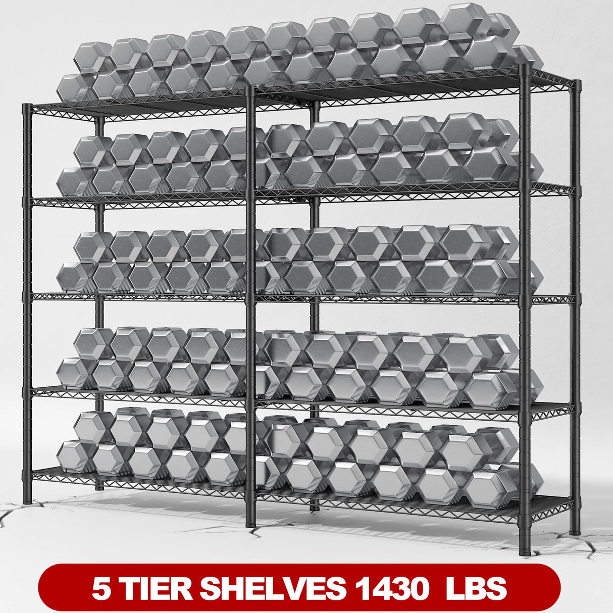REIBII 5 Tier Wire Shelving Storage Shelves Loads 1430LBS, 58" W Metal Shelving Unit for Storage Adjustable Heavy Duty Garage Shelving Pantry Shelves Kitchen Shelving, Black, 2 Pack REIBII