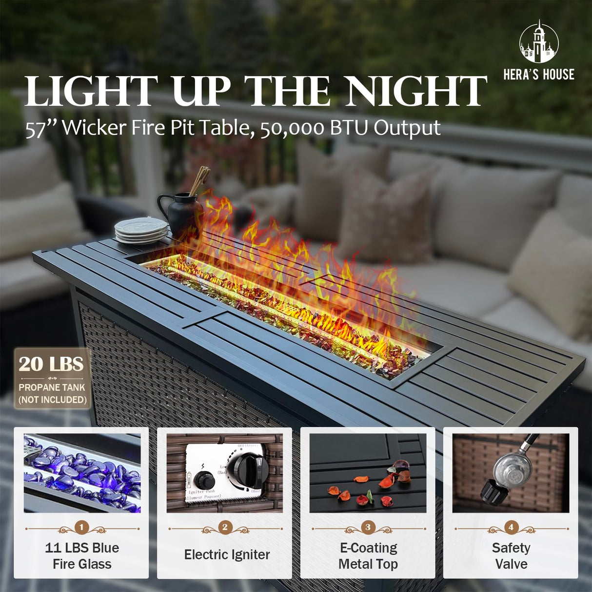 HERA'S HOUSE Patio Furniture Set with Fire Pit Table, 8 Pieces Outdoor Wicker Conversation Set, 4 x Single Chair, 2 x Ottoman, 3-Seat Sofa with 56" Fire Pit Table, for Garden, Poolside, Backyard HERA'S HOUSE