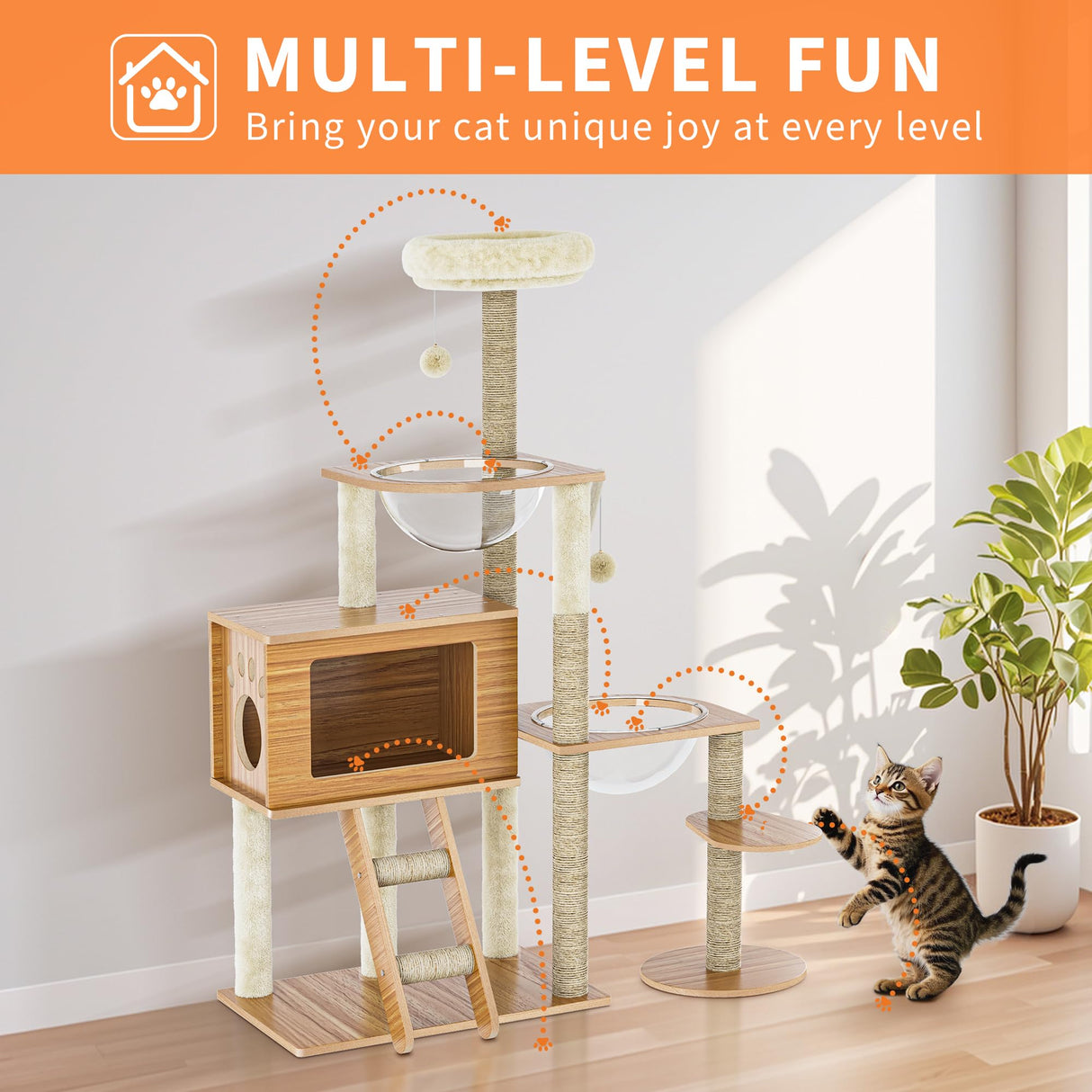 55'' Wood Cat Tree Modern Multi-Level Cat Tree Tower for Indoor Small & Large Cats with 2 Space Capsules Sisal Scratching Post Wooden Cat Condo Plush Top Perch and Dangling Toy Balls OUTGOODS