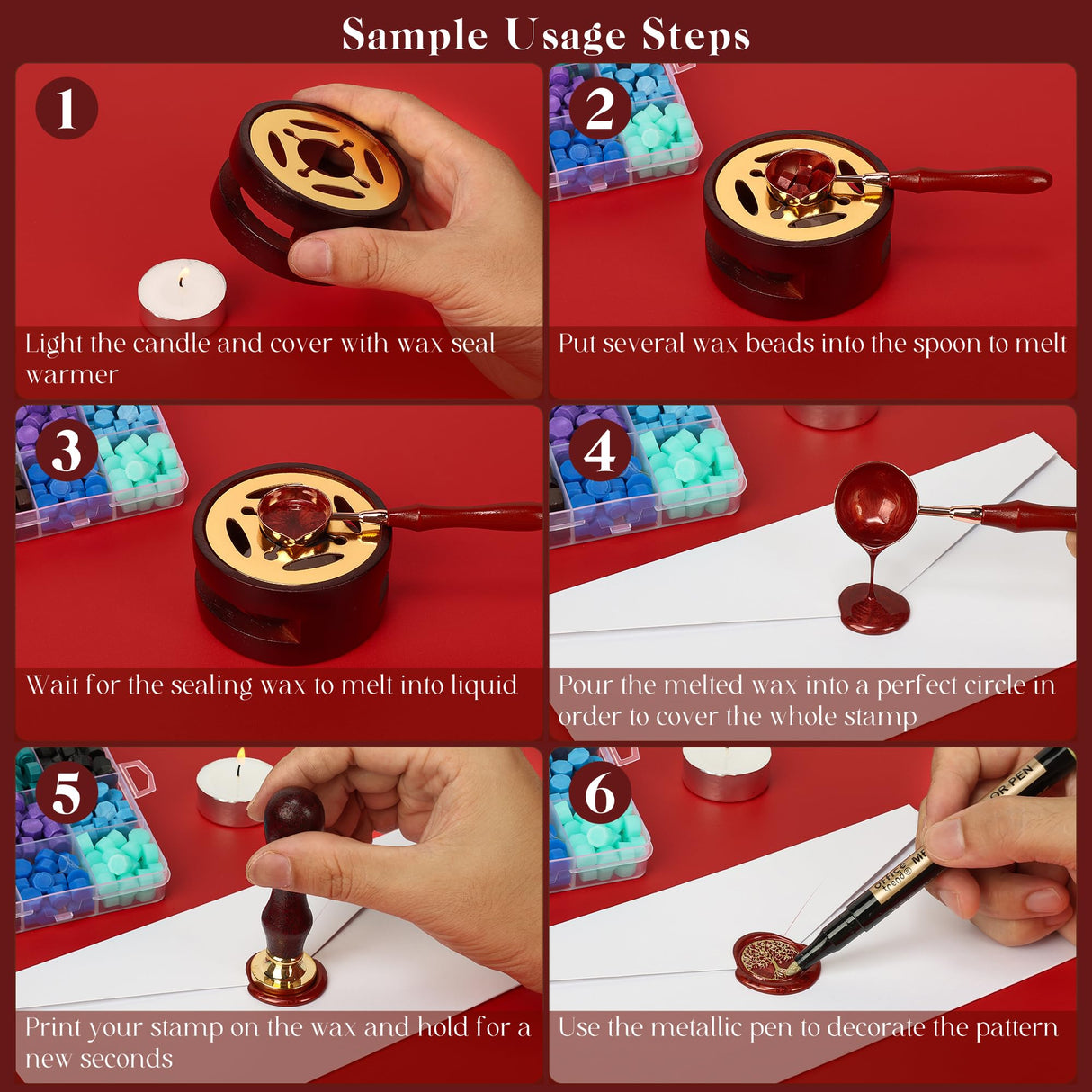 TRINIDa Wax Seal Kit, Premium Wax Seal Stamp Kit with 24 Colors 624 Pcs Beads, Metallic Pens, Warmer, Spoon and Tea Candles for Wedding Invitation, Letter Envelope, Gift Cards & DIY Crafts TRINIDa