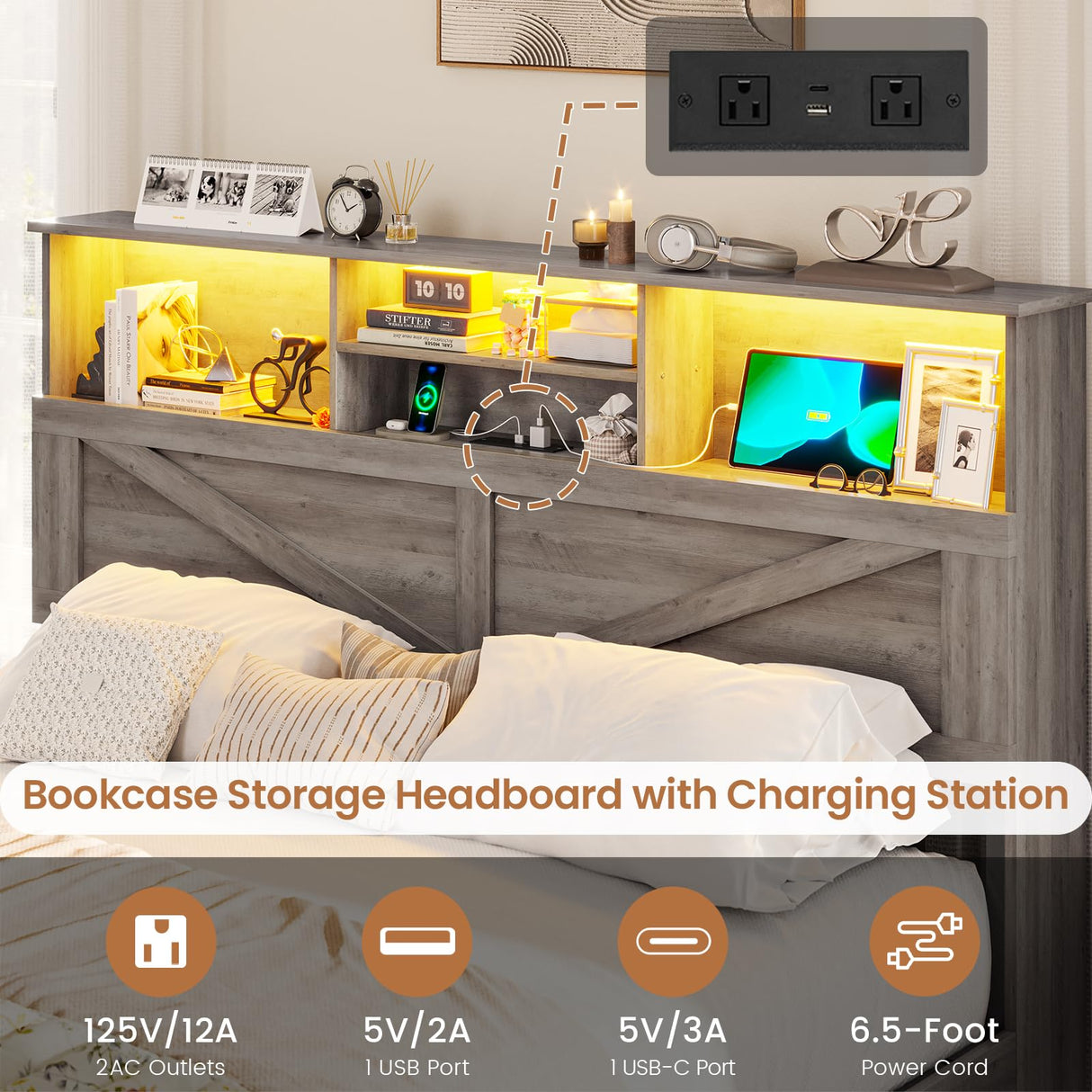 VIAGDO Farmhouse Bed Frame Queen Size with Bookcase Storage Headboard, Charging Station and LED Lights, Wooden Queen Bed Frame with 4 Drawers, Barn Door Design, No Box Spring Needed, No Noise, Grey VIAGDO