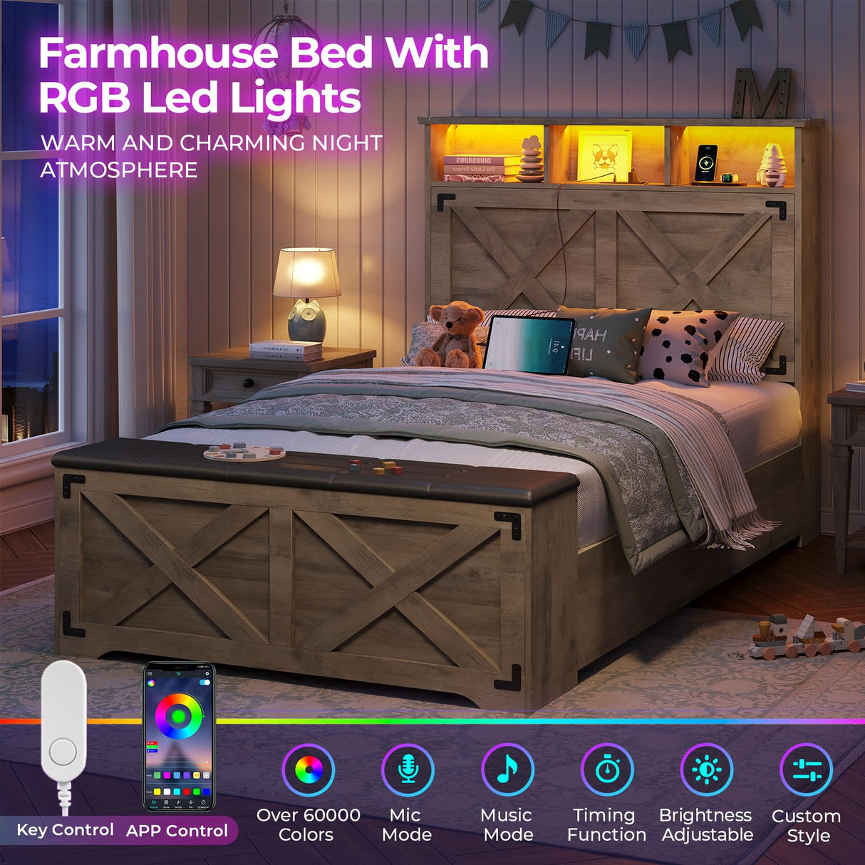 DICTAC Farmhouse Twin Bed Frame with Storage Headboard, Charging Station and Ottoman Twin Size Metal Platform Beds with Led Lights,twin Bed Frame with Metal Slats Support,No Box Spring Needed,Oak Gray DICTAC