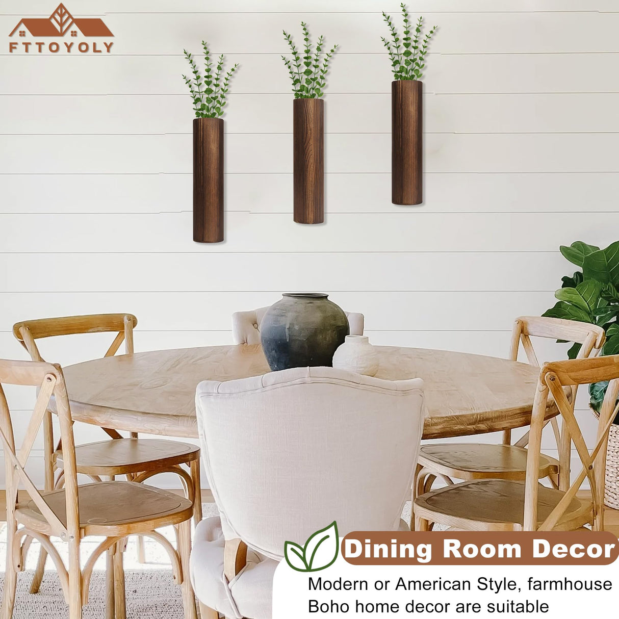 Fttoyoly 3 Pack Wood Wall Planter with Artificial Eucalyptus, Modern Wall Decor for Living Room Bedroom Bathroom Entryway, Farmhouse Boho Wall Vases for Dried Flowers and Faux Plants Fttoyoly