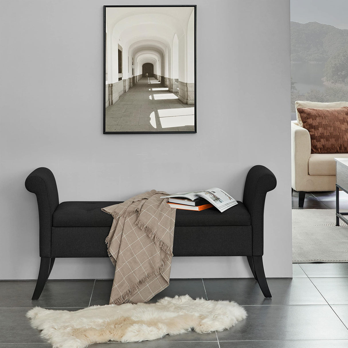 Yaheetech 52in Ottoman Bench Folding Storage Ottoman Bench Tufted Fabric Entryway Bench with Arms Footstool with Large Storage Foot Rest Seat Rolled Arms Cushioned Ottoman Black Yaheetech