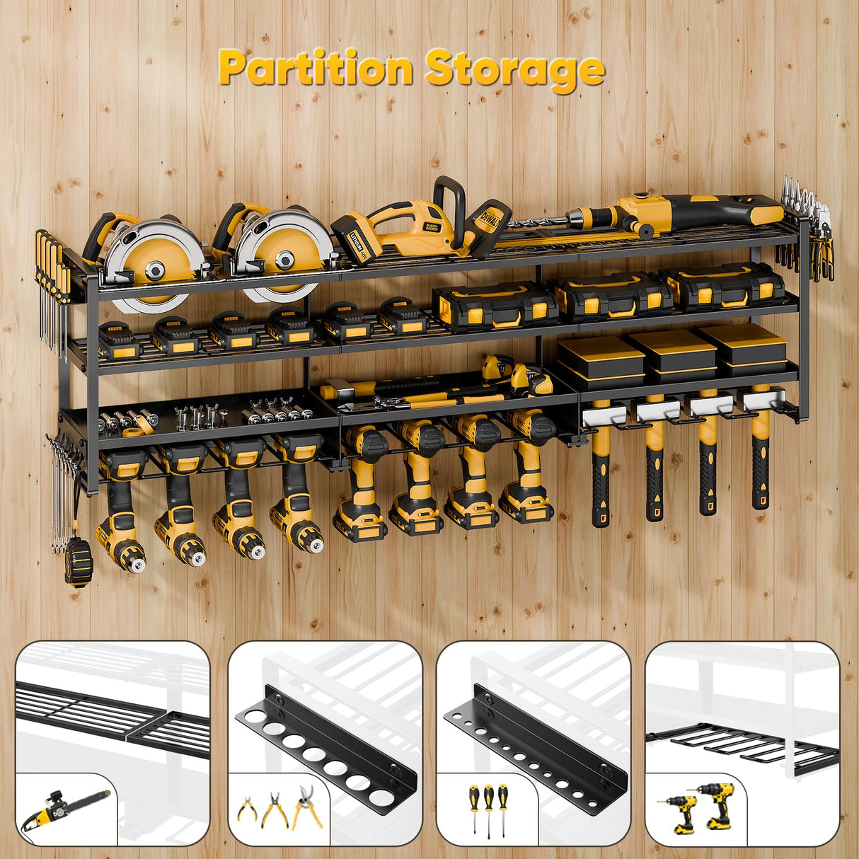 POKIPO Large Power Tool Organizer Wall Mount, Heavy Duty 4 Tier 12 Drill Holder, Garage Tool Organizer and Storage, Suitable Tool Rack for Workshop, Workbench POKIPO