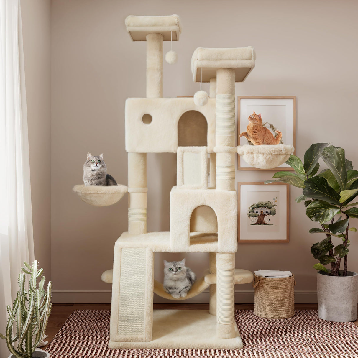 SHA CERLIN 65in Larger Cat Tree Tower Condo for Indoor Kitties/Multi-Level Furniture Activity Center with Wide Base/Cozy Plush Cat Perches/Baskets/Sisal Scratching Posts and Hammock/Beige SHA CERLIN