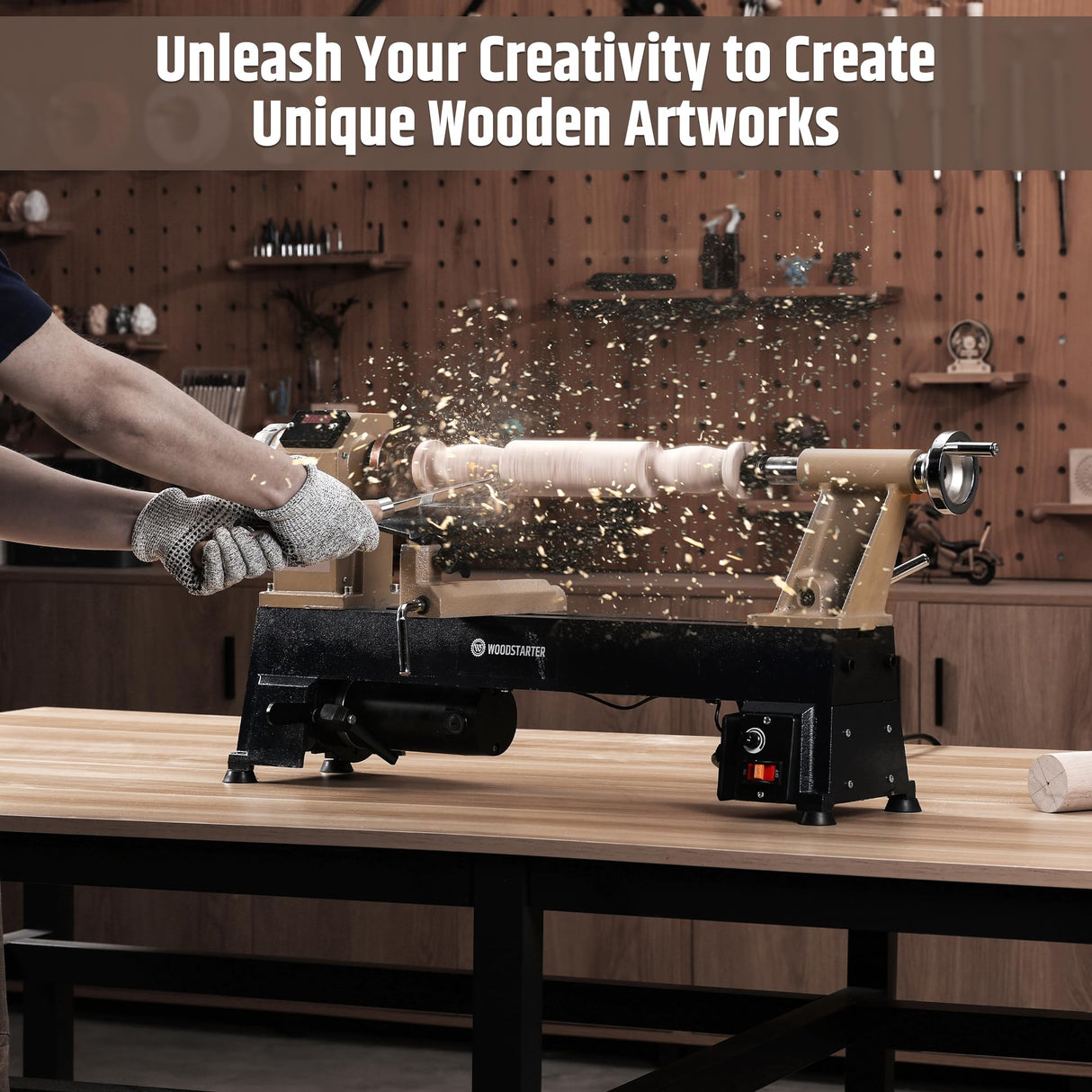 WOODSTARTER 12" x 18" Wood Turning Lathe, 1 HP Benchtop Woodworking Lathe with Variable Speed 650-3800 RPM, Dual-Function Design with Extension Ports for Belt Sander or Grinding Wheel or Rotary Kit WOODSTARTER