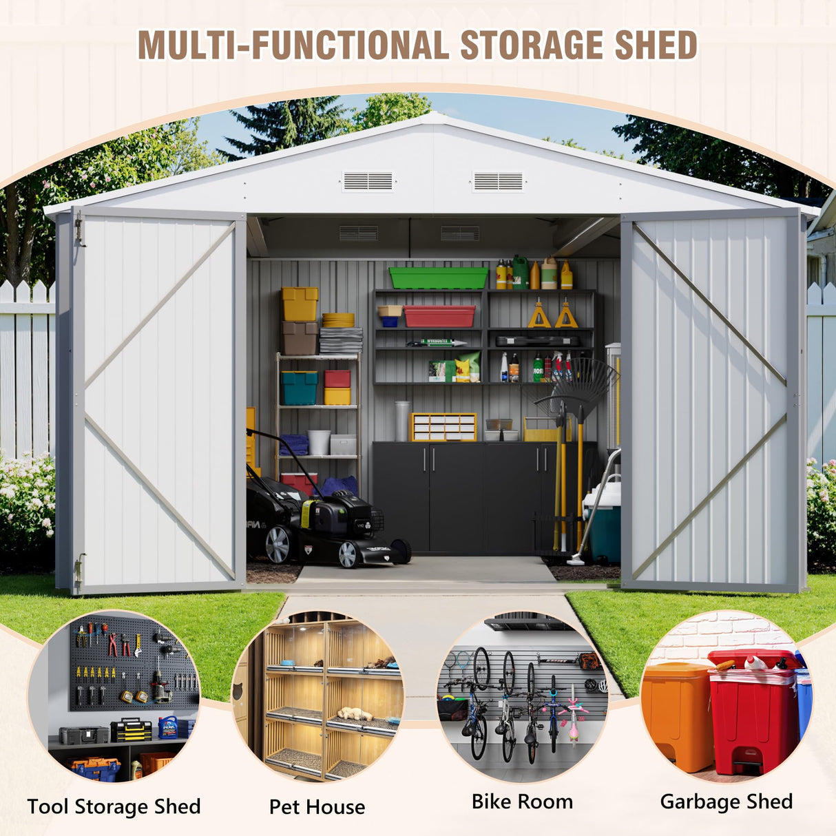 Greesum 10×14 FT Outdoor Storage Shed, Metal Storaged Sheds Without Floor, Tool Sheds with Lockable Doors and Sloping Roof for Garden, Patio, Backyard, Gray Greesum