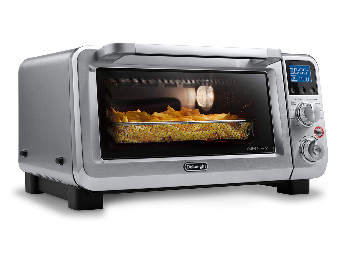De'Longhi Air Fry Oven, Premium 9-in-1 Digital Air Fry Convection Toaster Oven, Grills, Broils, Bakes, Roasts, Keep Warm, Reheats, 1800-Watts + Cooking Accessories, Stainless Steel, 14L, EO141164M De'Longhi