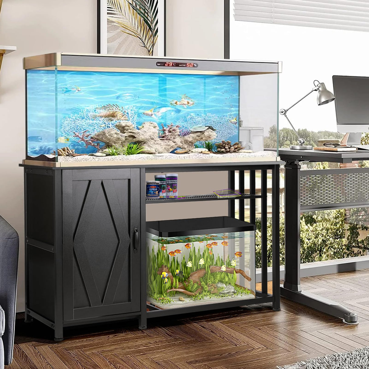 VOWNER 55-75 Gallon Fish Tank Stand, Aquarium Stand with Power Outlets, Cabinet for Fish Tank Accessories Storage, Heavy Duty Metal Frame, Suitable for Fish Tank, Turtle Tank, 1200LBS Capacity, Black VOWNER