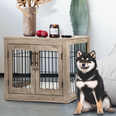 Upolana Dog Crate Furniture with Bed, Wooden Dog Kennel Furniture End Table Dog Crate with 3 Doors, Indoor Solid Wood Dog Cage