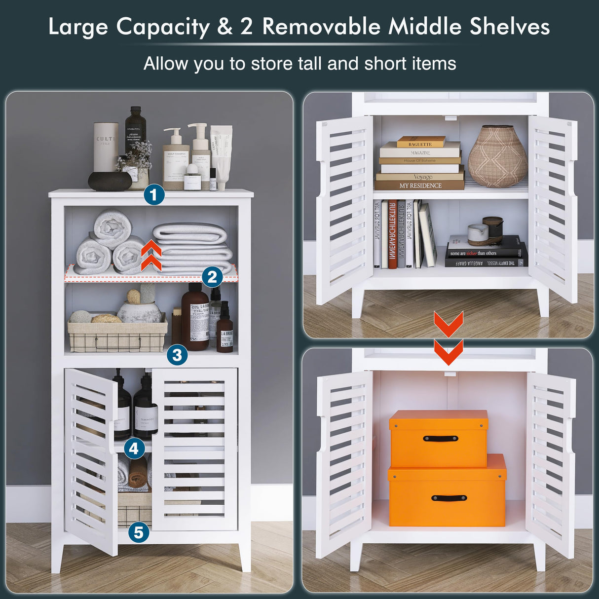 HITNET White Bathroom Cabinet, Bamboo Storage Cabinet Freestanding, Side Tall Storage Organizer for Kitchen Living Room Entryway HITNET