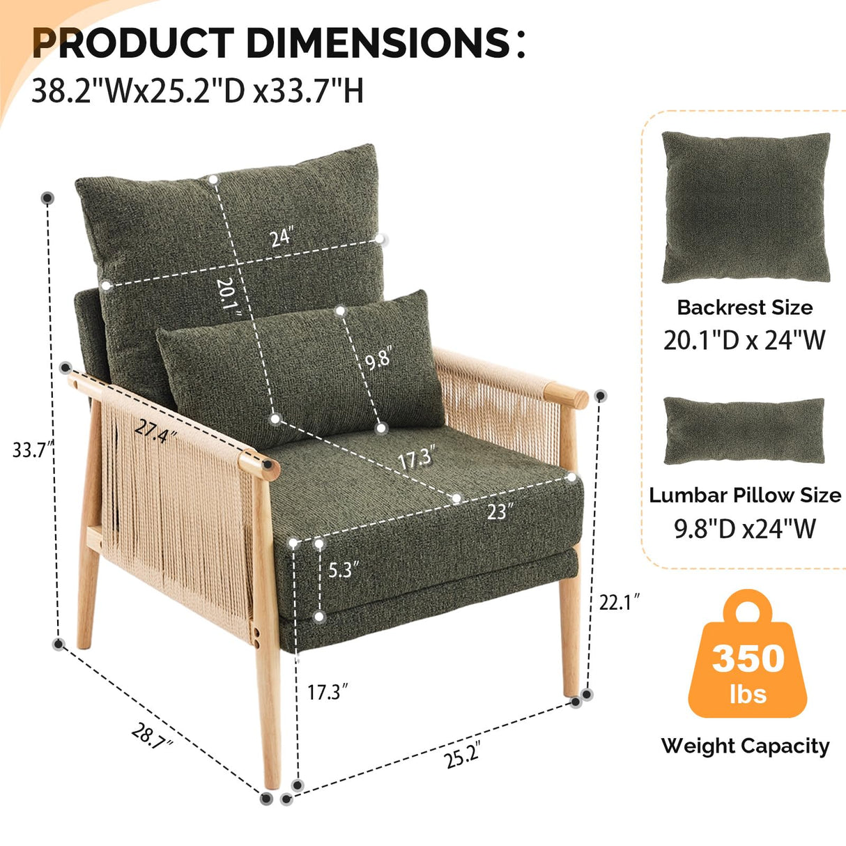 VINGLI Boho Braid Accent Armchairs Set of 2,Mid-Century Modern Chiars with Solid Wooden Armrest,Comfy Louge Cushion Chairs with Waist Pillow for Bedroom,Living Room,Reading Room, Dark Green VINGLI