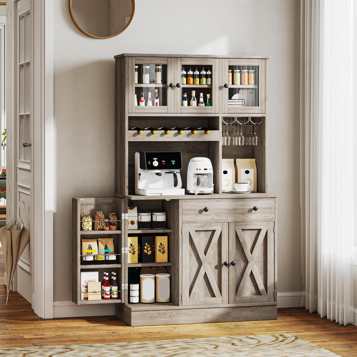 YITAHOME Kitchen Pantry Cabinet with Wine Rack & Power Outlet, 71" H Tall Storage Cabinet with Doors, Shelves, Drawer, Goblet Holder for Kitchen & Living Room (Grey) YITAHOME