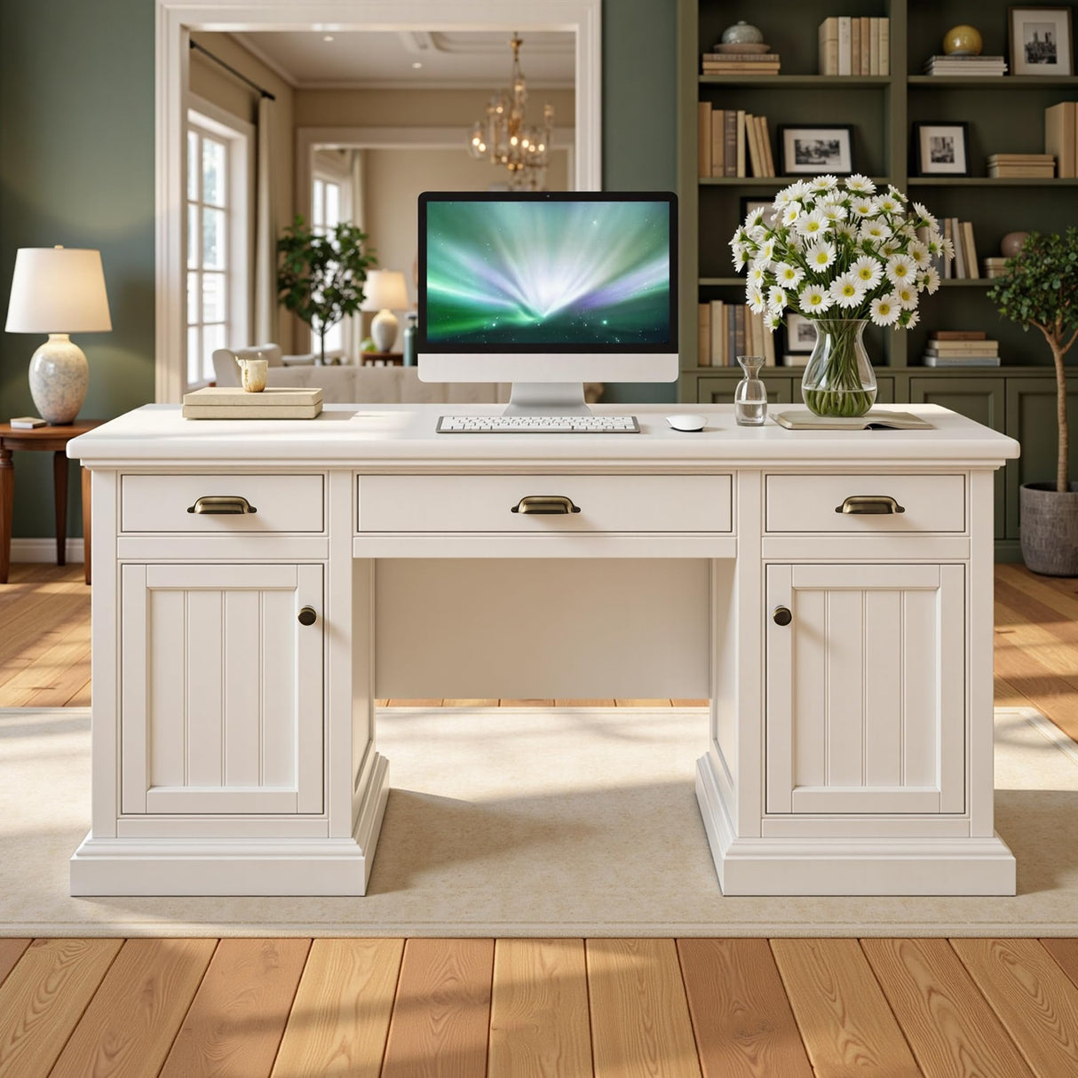 Jocisland 68" Executive Desk for Home Office & Study, Fluted Panel Computer Table with 3 Drawers and 2 Cabinets, Farmhouse Writing Desk – Pure White Jocisland
