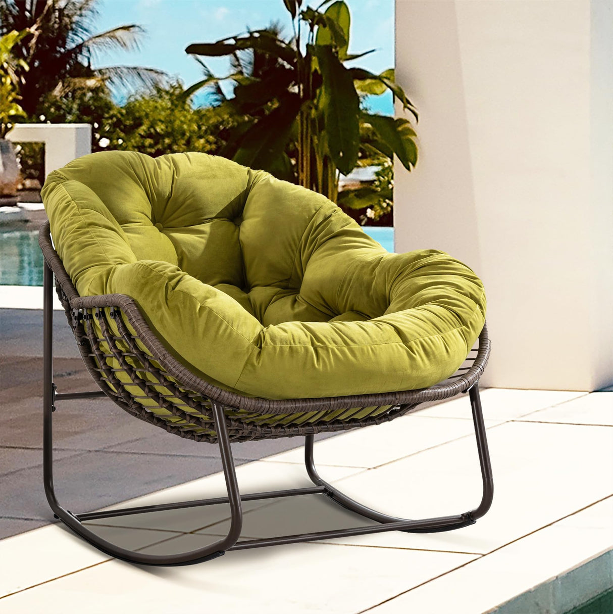 Villeston Outdoor Papasan Rocking Chair - Oversized Comfy Patio Chair Indoor Egg Royal Rattan Rocking Chair with Cushion for Front Porch Lounge Lawn Bedroom Living Room (Green Velvet) Villeston
