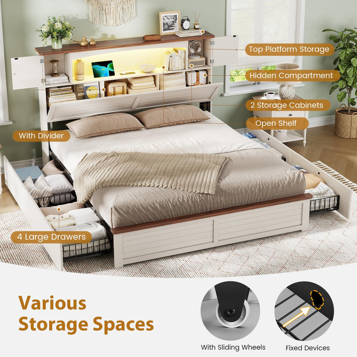 MSmask Farmhouse Queen Bed Frame with Bookcase and Storage Cabinets Headboard, Wood Platform Bed with LED Lights, Charging Station, 4 Drawers, Decoration Footboard, No Box Spring Needed, White MSmask