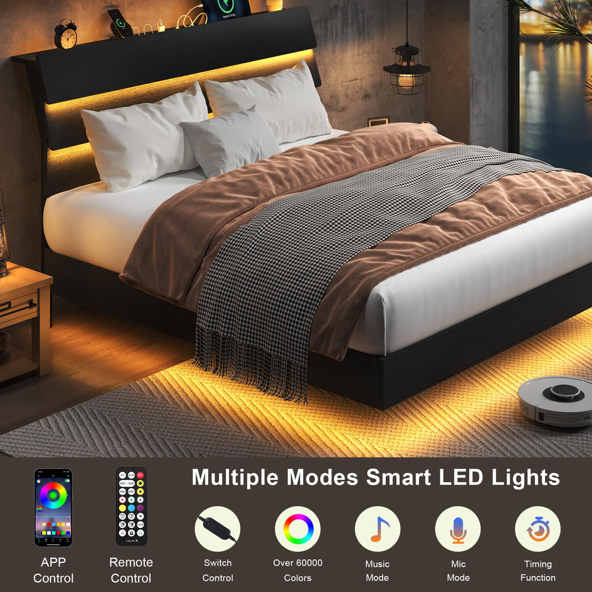 Feonase Floating Bed Frame Queen Size with Led Lights and Charging Station, Wood Queen Bed Frame with Storage Headboard, Heavy Duty Metal Slats, No Box Spring Needed, Easy Assembly, Black Feonase