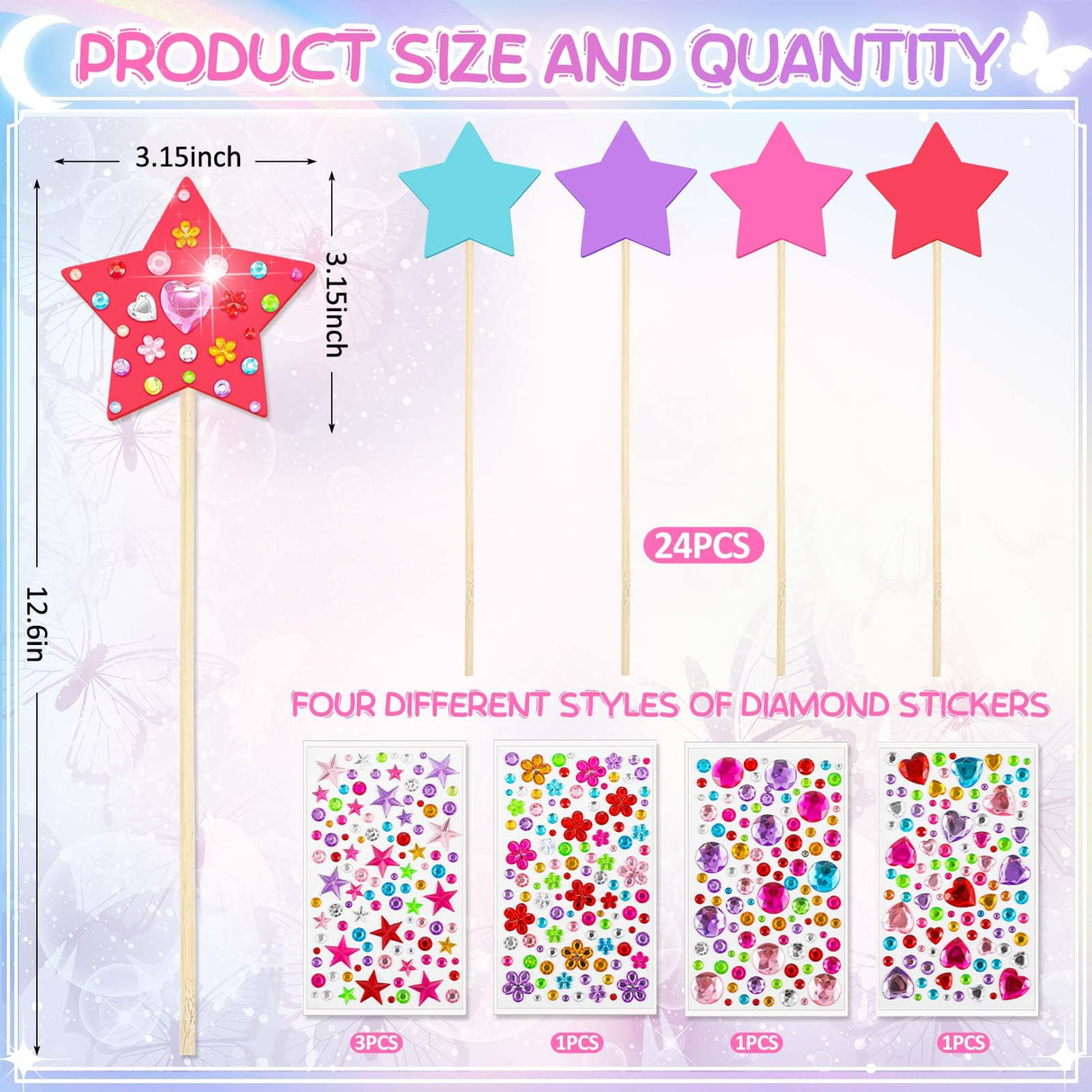 Juexica 30 Pcs Princess Fairy Wand Kit Includes 24 Make Your Own Princess Craft Unfinished Wooden Fairy Wand and 6 Gem Stickers for Girls DIY Magical Crafts(Pink,Purple,Red,Blue) Juexica