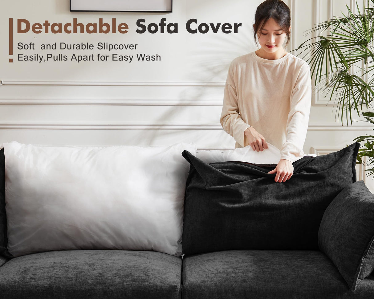 ABCASA 99" Modular Sofa Couch, Comfy 3-Seater Chenille Fabric Couch for Living Room, Office, Apart W/Deep Seat, High Backrest, Upholstered Couch W/Removable Cover, Black ABCASA