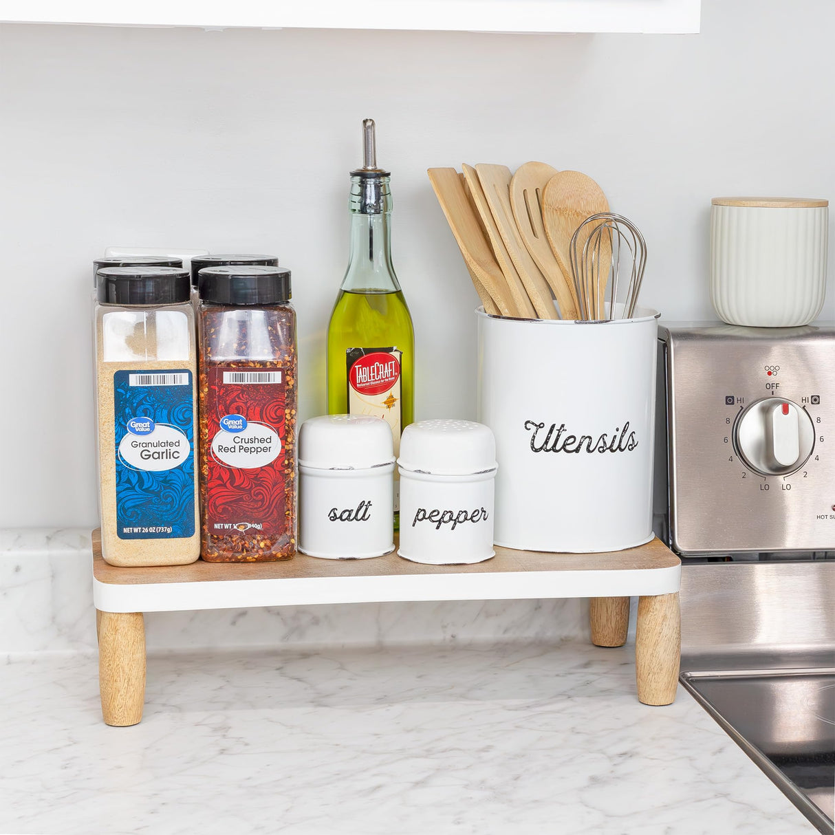 AuldHome Farmhouse Wooden Risers (Set of 2, Rectangular); Rustic Decorative Pedestal Stands for Display w/ Natural Mango Wood and Enamel Trim AuldHome Design