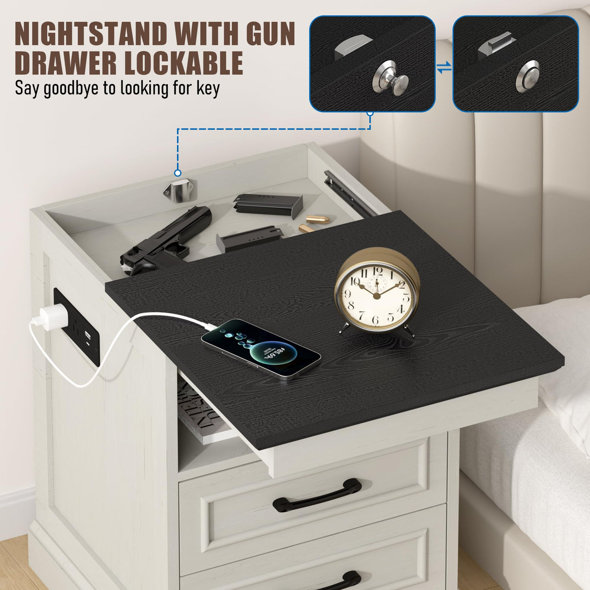 Gadroad 18" Farmhouse Accent Nightstand with Charging Station, End Table with 3 Drawers Storage, Side Table, Bedside Cabinet for LivingRoom Bedroom Office, Antique White Gadroad