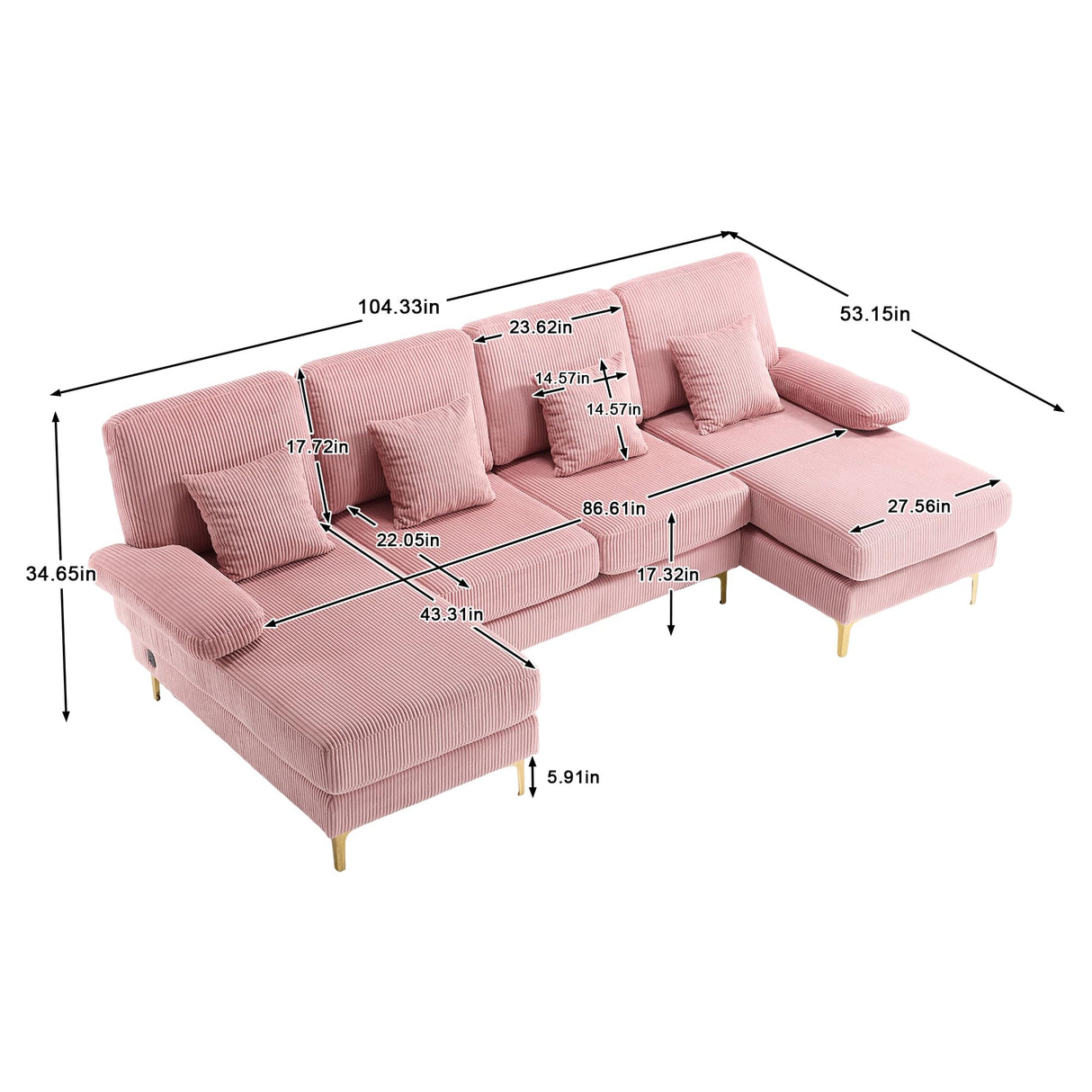 ZEIINPA U Shaped Sectional Sofa Couch for Living Room, 4 Seat Modern Corduroy Sofa with Double Chaise, USB and Lights, 104 inches(Pink Corduroy) ZEIINPA