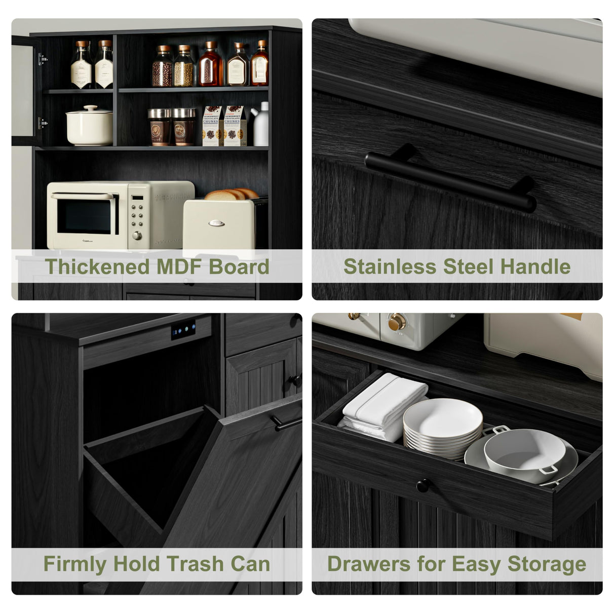 XM-ICE Freestanding Tilt-Out Trash Can Cabinet with Deodorising Function, 70" Kitchen Pantry, Storage with Microwave Shelf & Adjustable Shelves for 10 Gallons Bin, Kitchen Hutch, Black XM-ICE