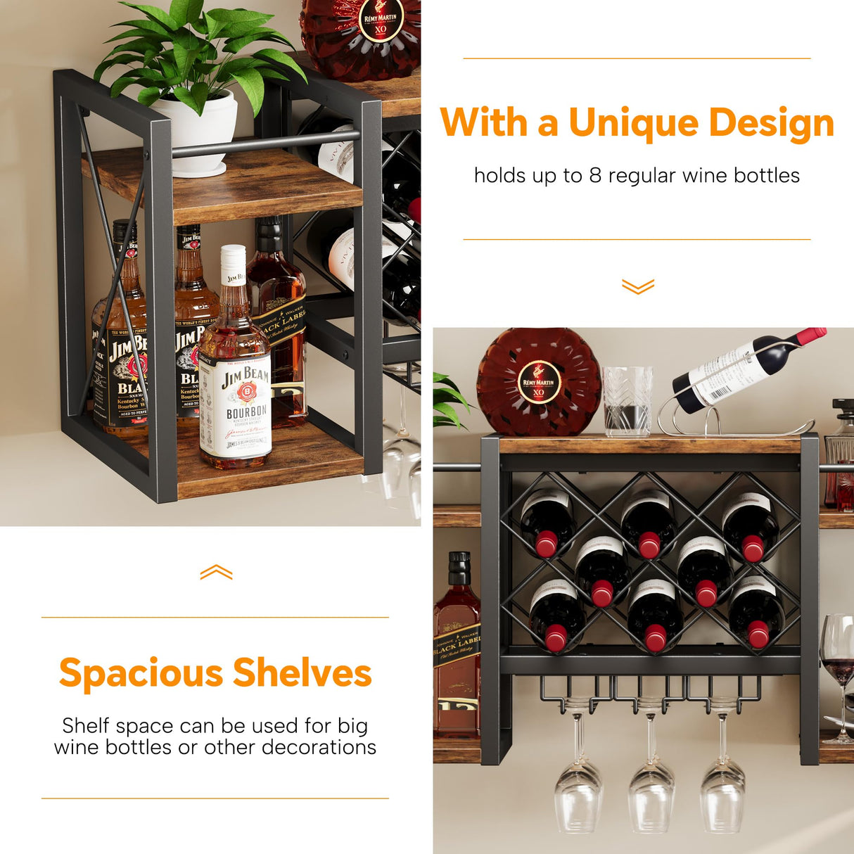 Homeiju Wall Mounted Wine Rack with Glass Holder, Wood-Metal Retro Bar Shelf, Wine Bottles Display Wall Storage for Kitchen Dining Room Home Bar Homeiju