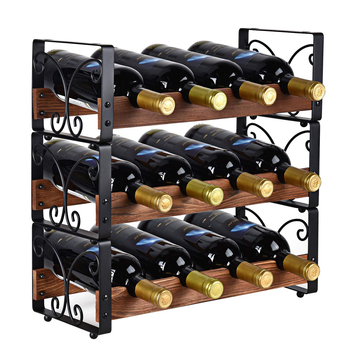 X-cosrack Rustic 3 Tier Stackable Wine Rack Freestanding 12 Bottles Organizer Holder Stand Countertop Liquor Storage Shelf Solid Wood & Iron 17" L x 7.2" W x 16.5" H-Patent Design X-cosrack