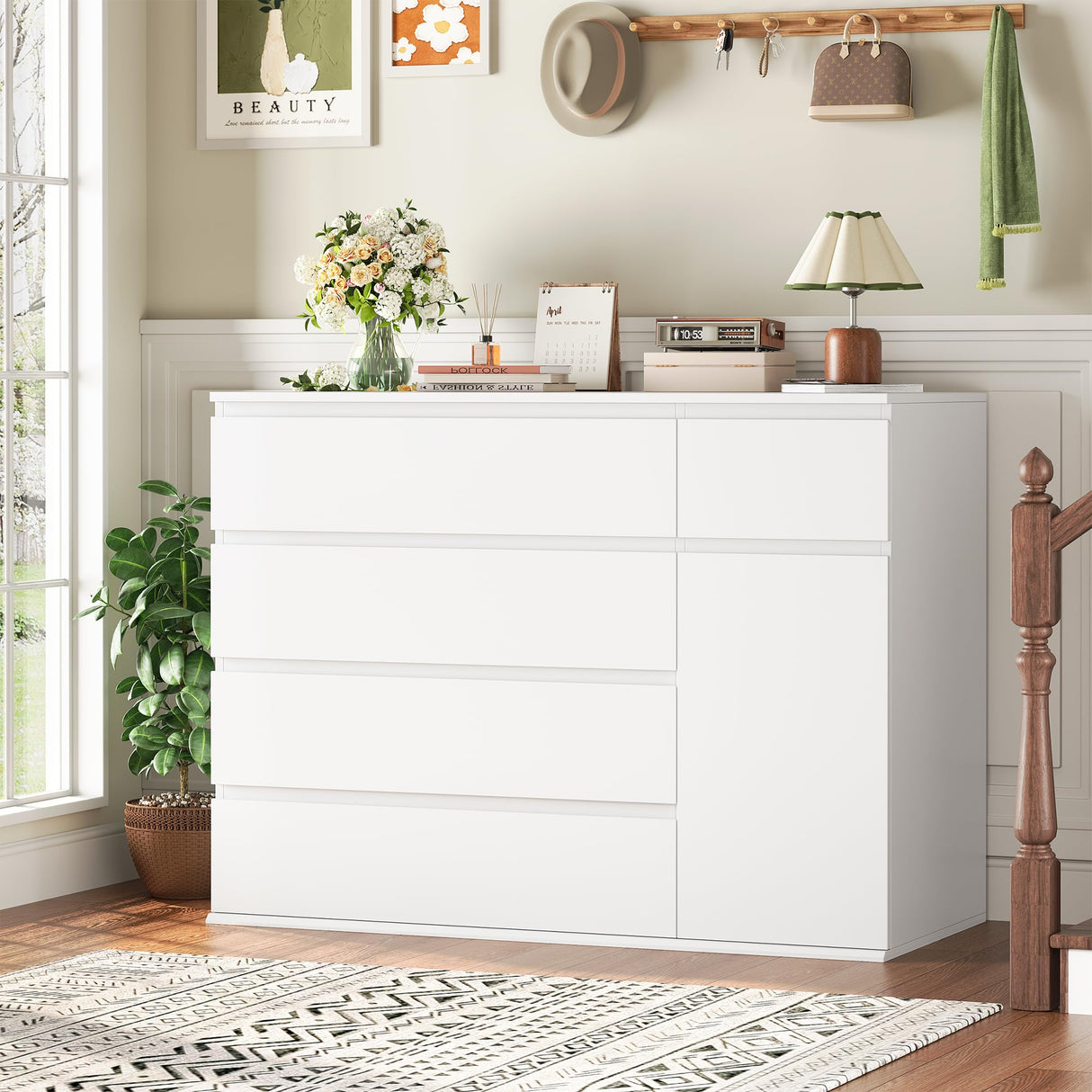 FOTOSOK White Dresser with 19.5'' Deeper Depth, White Chest of Drawers Modern Dresser for TV Stand, Nursery Dresser Wide Storage Chests of Drawer with Door, Deep Drawers and Wide Storage Space FOTOSOK