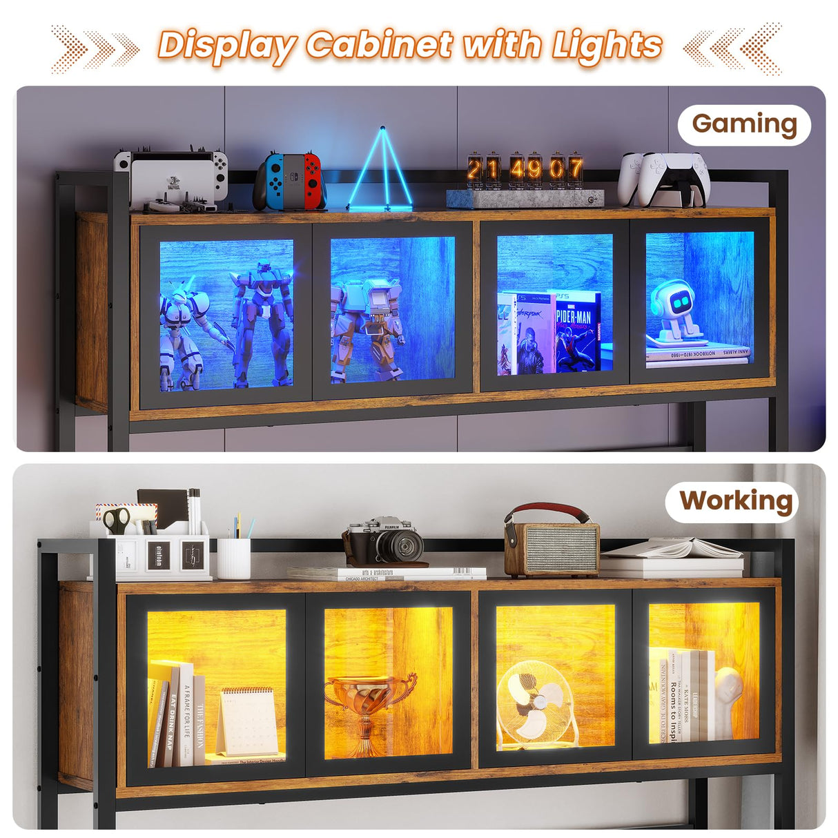 SEDETA L Shaped Gaming Desk with Drawers, L Shaped Computer Desk with Hutch and Storage Shelves, Gaming Desk with Pegboard, Led Lights, and Power Outlet, Home Office Desk, Corner Desk, Rustic Brown SEDETA