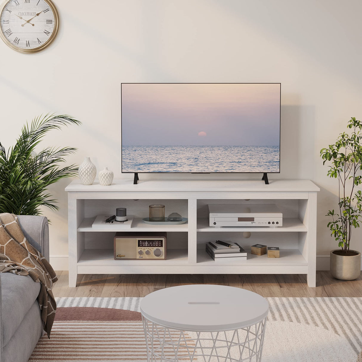 Gyger TV Stand for 65 inch TV with Storage,Modern TV Entertainment Center for Bedroom,TV Media Console Table with 4 Open Storage Shelve,55 inch Wood TV Cabinet White Gyger
