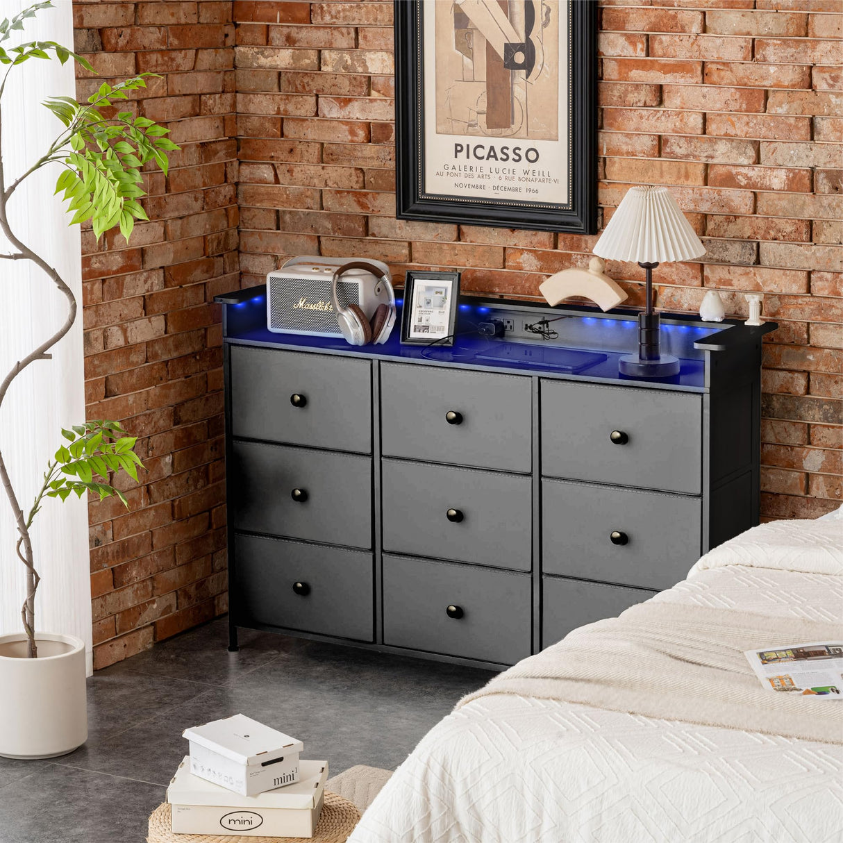 XCHAA Black Dresser with LED Lights and Power Outlet, 9 Drawers Fabric Dresser for Bedroom, Chest of Drawers for Closet, Entryway, Dressing Room, Living Room 49.6" Wide XCHAA