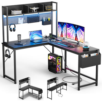 DOMICON Gaming Desk Computer Desk with Storage, L Shaped Desk with Power Outlet & LED Strip, Office Desk with Pegboard, Corner deck for Home Office Black
