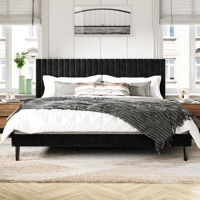 Sismplly King Size Bed Frame with Velvet Upholstered Headboard, Platform Bed with Strong Wood Slats, Mattress Foundation, Box Spring Optional, Easy Assembly, Black