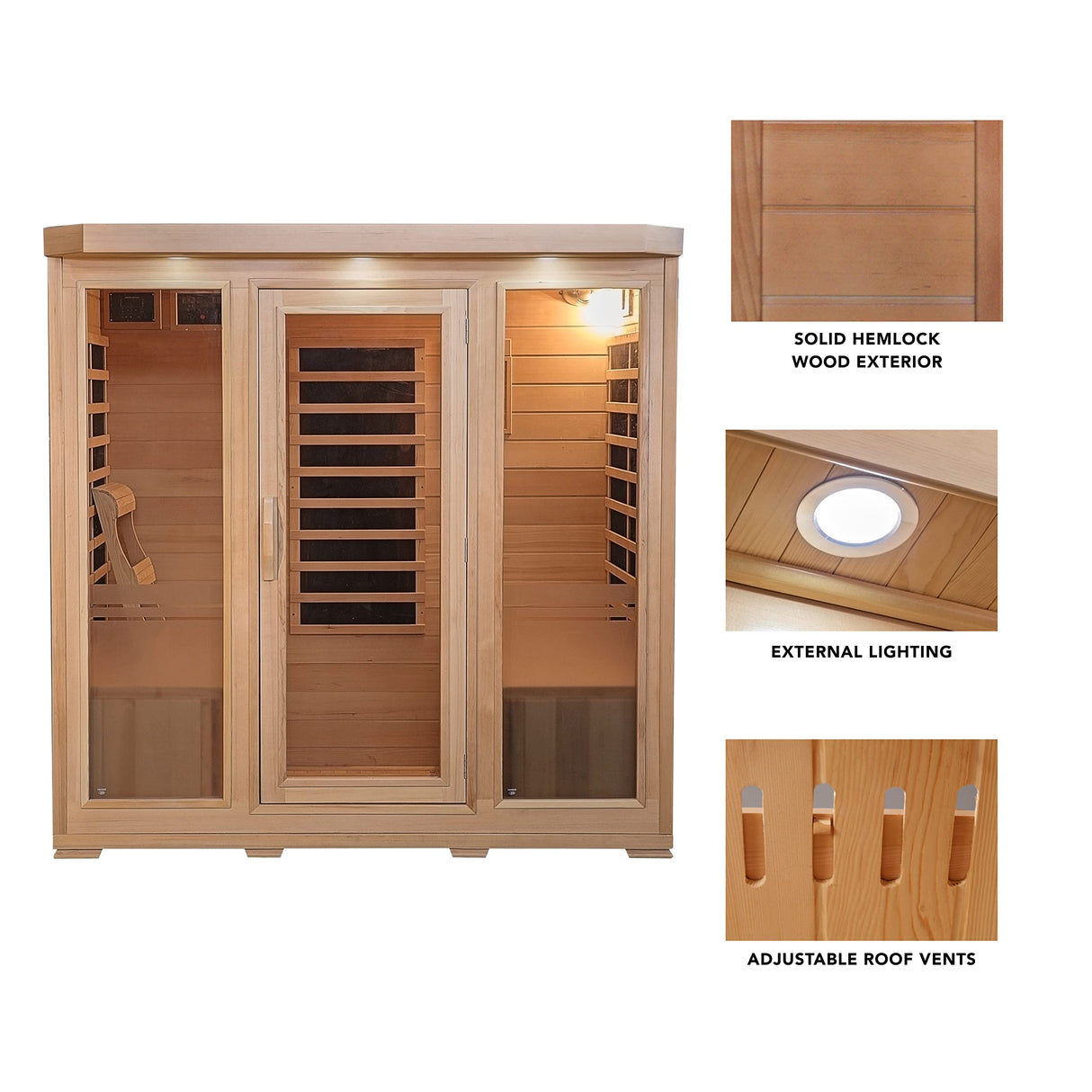 Heat Wave 4 Person Sauna Hemlock Wood Sonoma 9 Carbon Infrared Heaters MP3 Player Chromo Therapy Lighting 120V 2100W Heat Wave