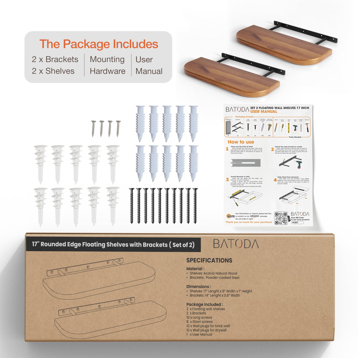 BATODA 17" Acacia Wood Floating Shelves Wall Mounted (Round Edge) – Rustic Farmhouse Wooden Wall Storage Shelf for Bedroom, Kitchen - Brackets and Shelving Hardware Included (Acacia, 17 Inch Length) BATODA