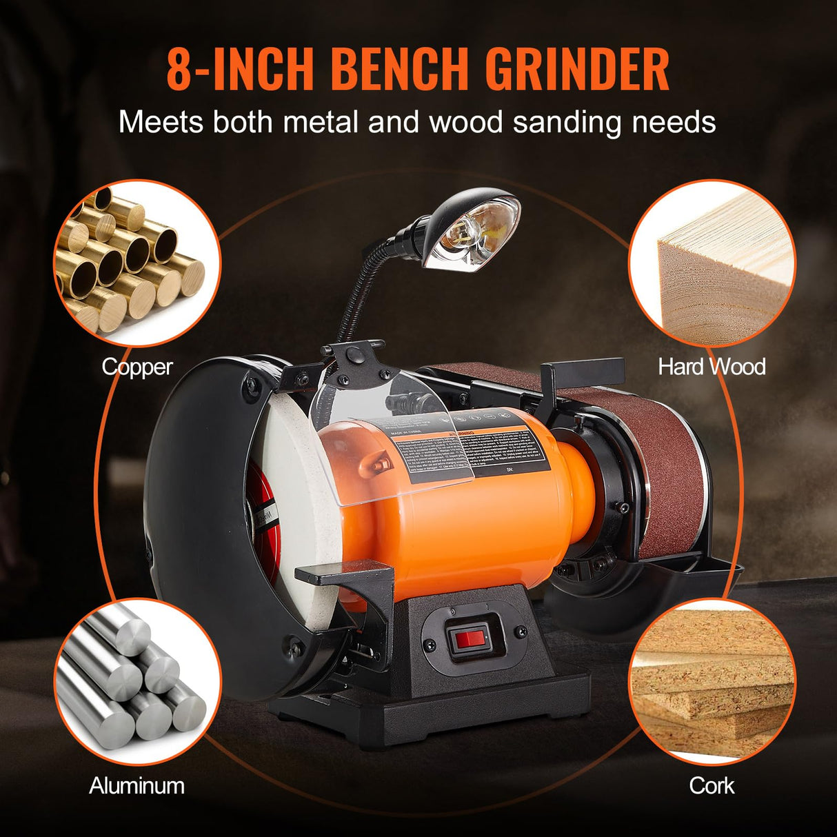 VEVOR 8 Inch Bench Grinder, Bench Grinder Sander with 2 x28 Inch Belt Sander Combo and 2.5A Induction Motor for Metalworking Sharpening Grinding VEVOR