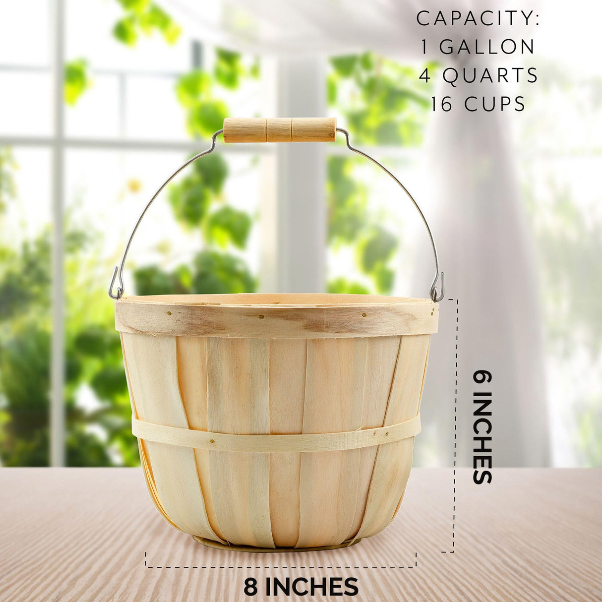 Cornucopia Round Wooden Baskets (2-Pack, Natural); Wood Fruit Buckets with Handle, 4-Quart Capacity; 6.1 Inch Tall by 8 Inch Diameter Cornucopia Brands