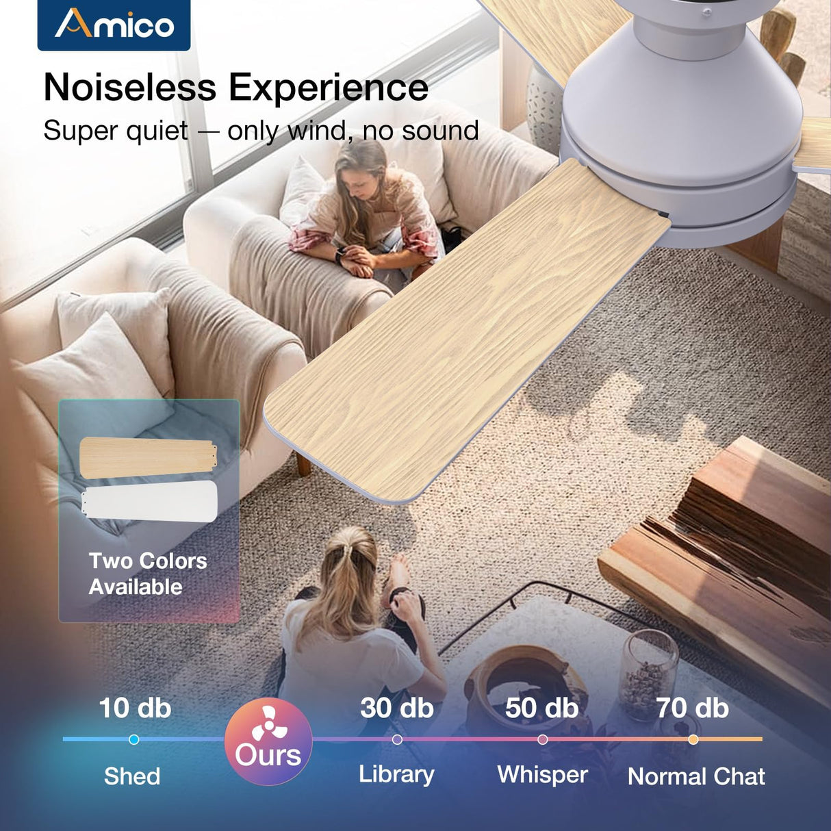 Amico Ceiling Fans with Lights, 42 inch Low Profile Ceiling Fan with Light and Remote Control, Flush Mount, Reversible, 3CCT, Dimmable, Noiseless, White Ceiling Fan for Bedroom, Indoor/Outdoor Use Amico