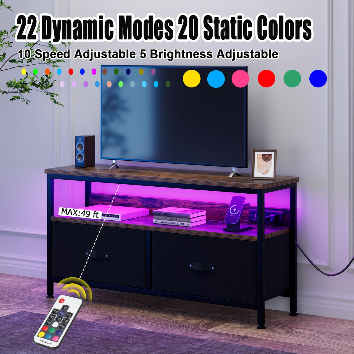 J-yaamiZz 39" TV Stand for TVs up to 50", Media Console with Charging Station & LED Lights, 2 Drawer Storage Chest, Gaming Entertainment Center with Storage for Living Room, Brown, Medium J-yaamiZz