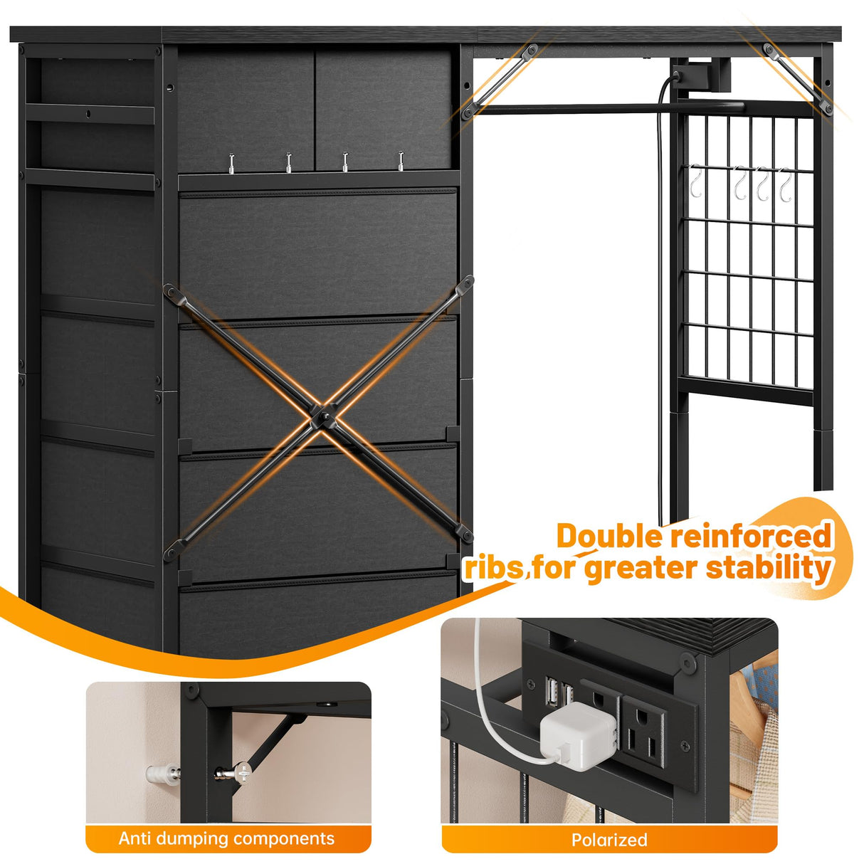 EnHomee 49.2" W Dresser for Bedroom with Hanging Rack 6 Drawers Dresser with LED Lights Fabric Dressers & Chest of Drawer with Clothes Rack,Wooden Top,Grid Panel,Closet,Black 49.2" Wx47.2 Hx15.8 D EnHomee