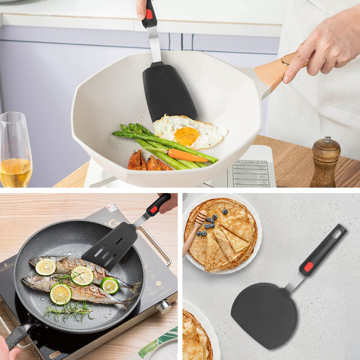 Hotec Silicone Spatula Turner for Nonstick Cookware, Cooking Spatula 600°F Heat Resistant Large Flexible Rubber Spatula Set of 3, Kitchen Utensils for Flipping Eggs, Burgers, Pancakes, Crepes HOTEC