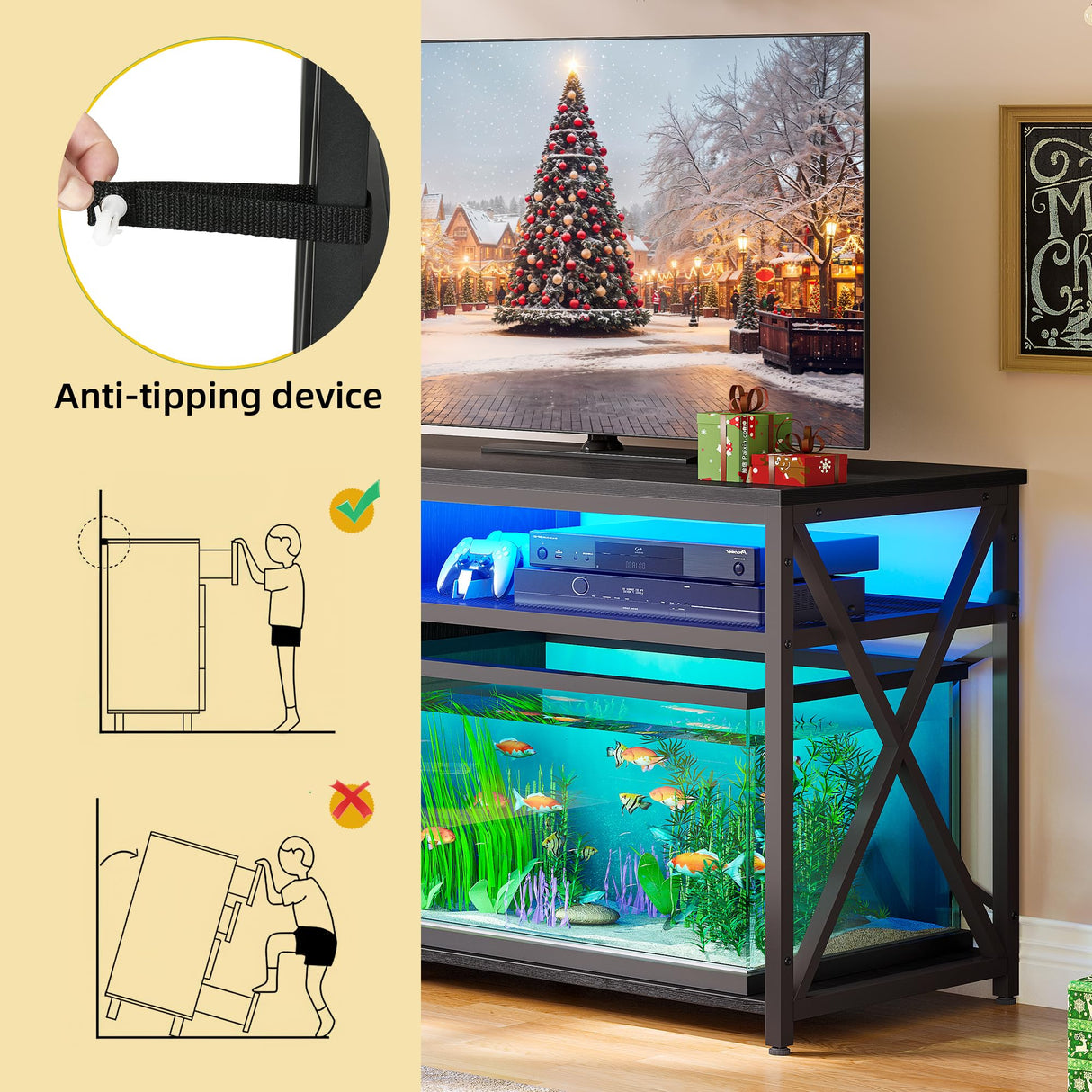 YITAHOME Fish Tank Stand with Power Outlets & LED Light, 55-75 Gallon Metal Aquarium Stand with Cabinet for Fish Tank Accessories Storage for Turtle Tank, Reptile Terrarium, 860LBS Capacity, Black YITAHOME