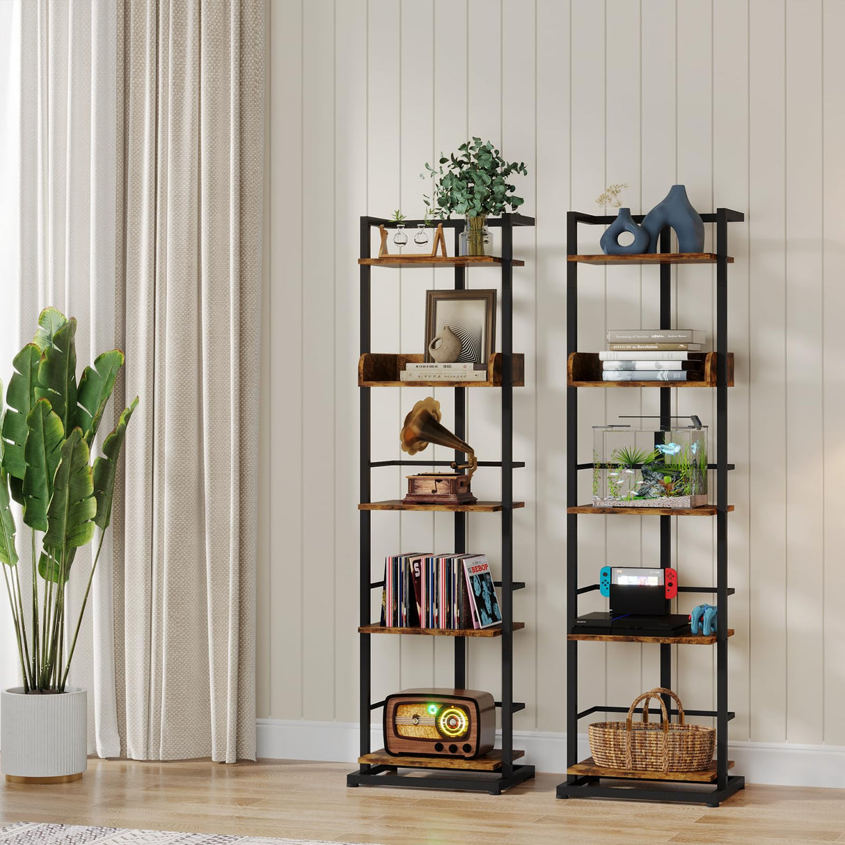 Narrow 5-Tier Industrial Rustic Brown Bookshelf with Metal Edge Protection Hosfais