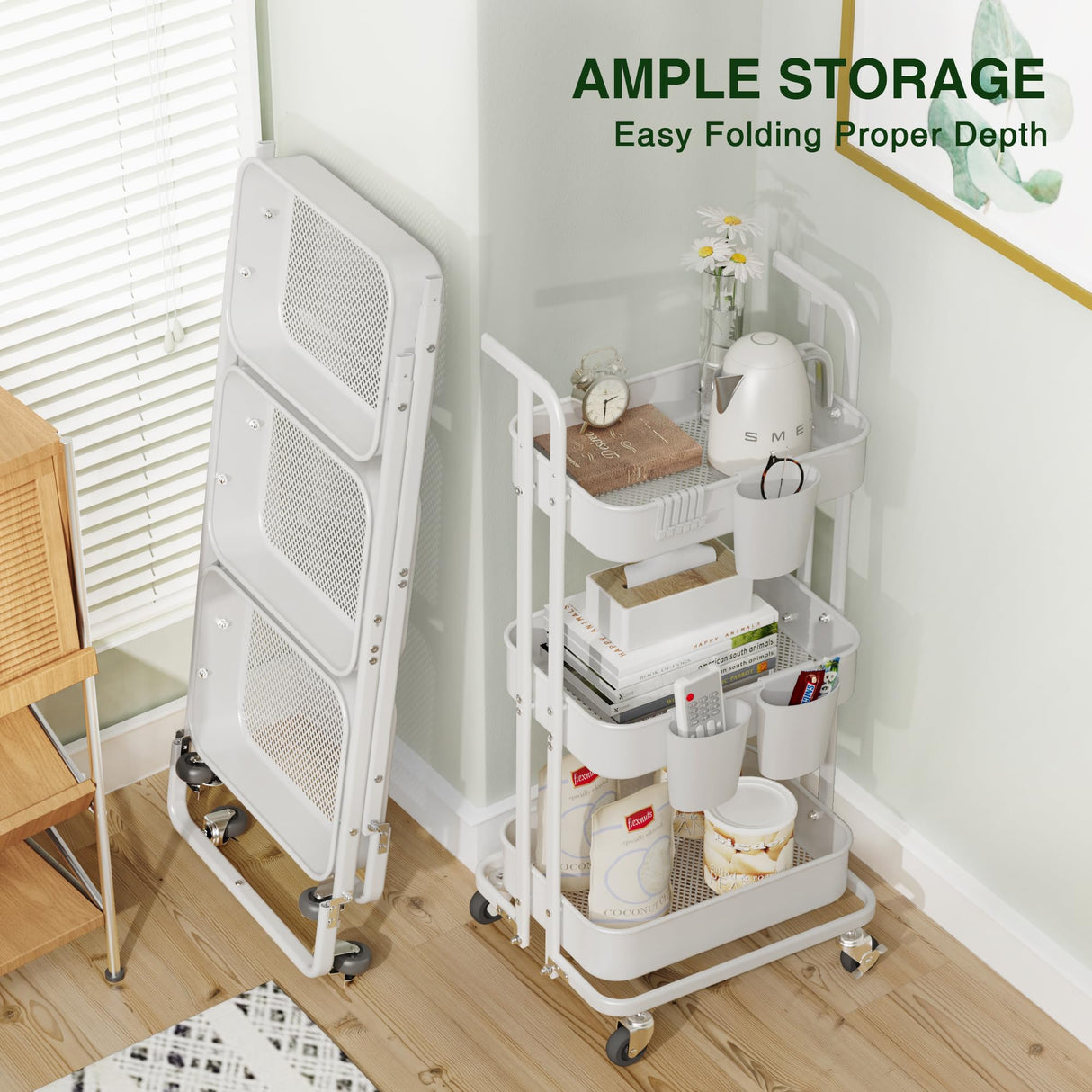 DTK 3 Tier Foldable Rolling Cart, Metal Utility Cart with Lockable Wheels, Folding Storage Trolley, 3 Small Baskets and 6 Hooks for Living Room, Kitchen, Bathroom, Bedroom and Office, White DTK