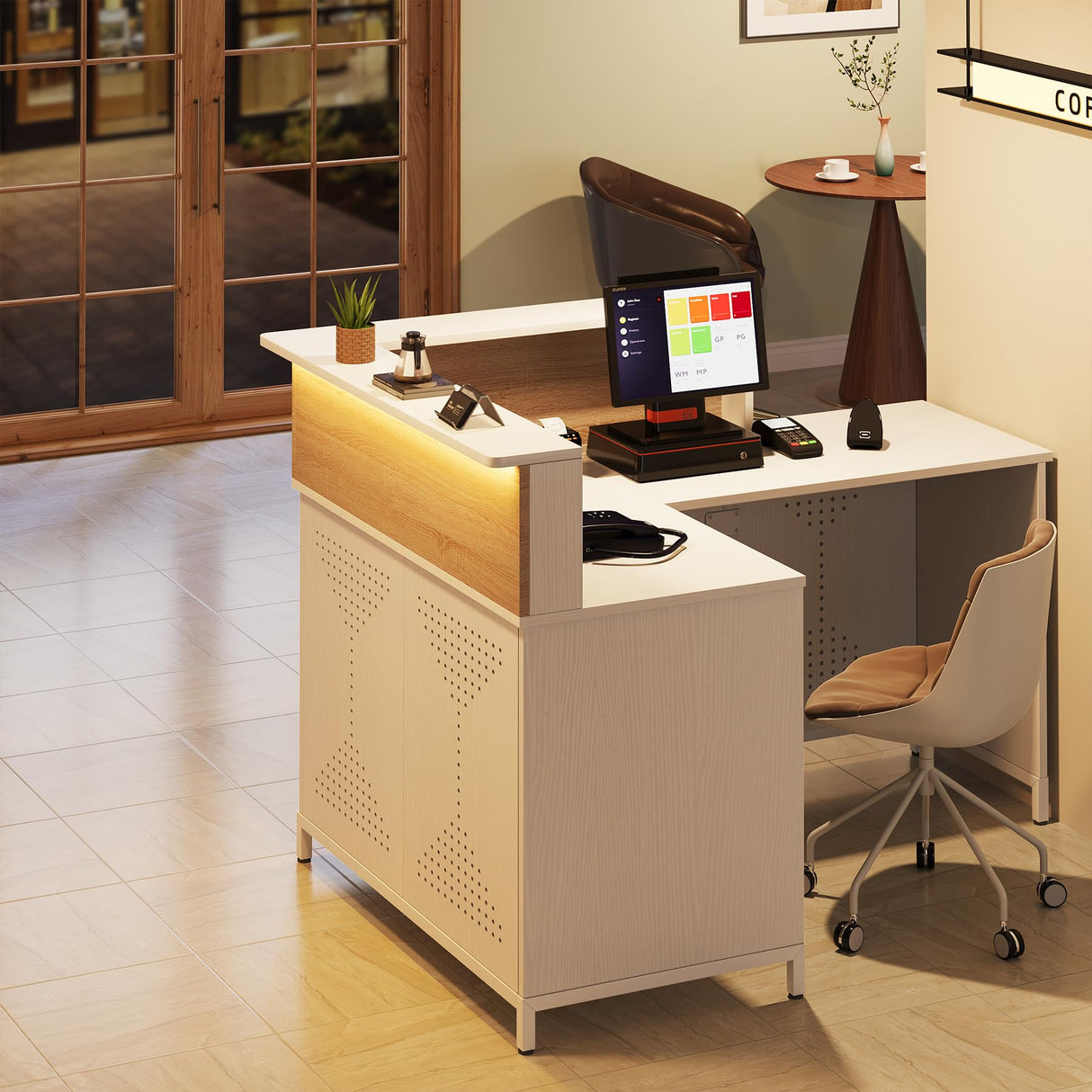 Condemo L-Shaped Reception Desk with LED Lights, 60 inch Modern Front Desk, Checkout Counter Table for Office, Lobby, Cafe, Beauty Salon, White and Light Brown Condemo