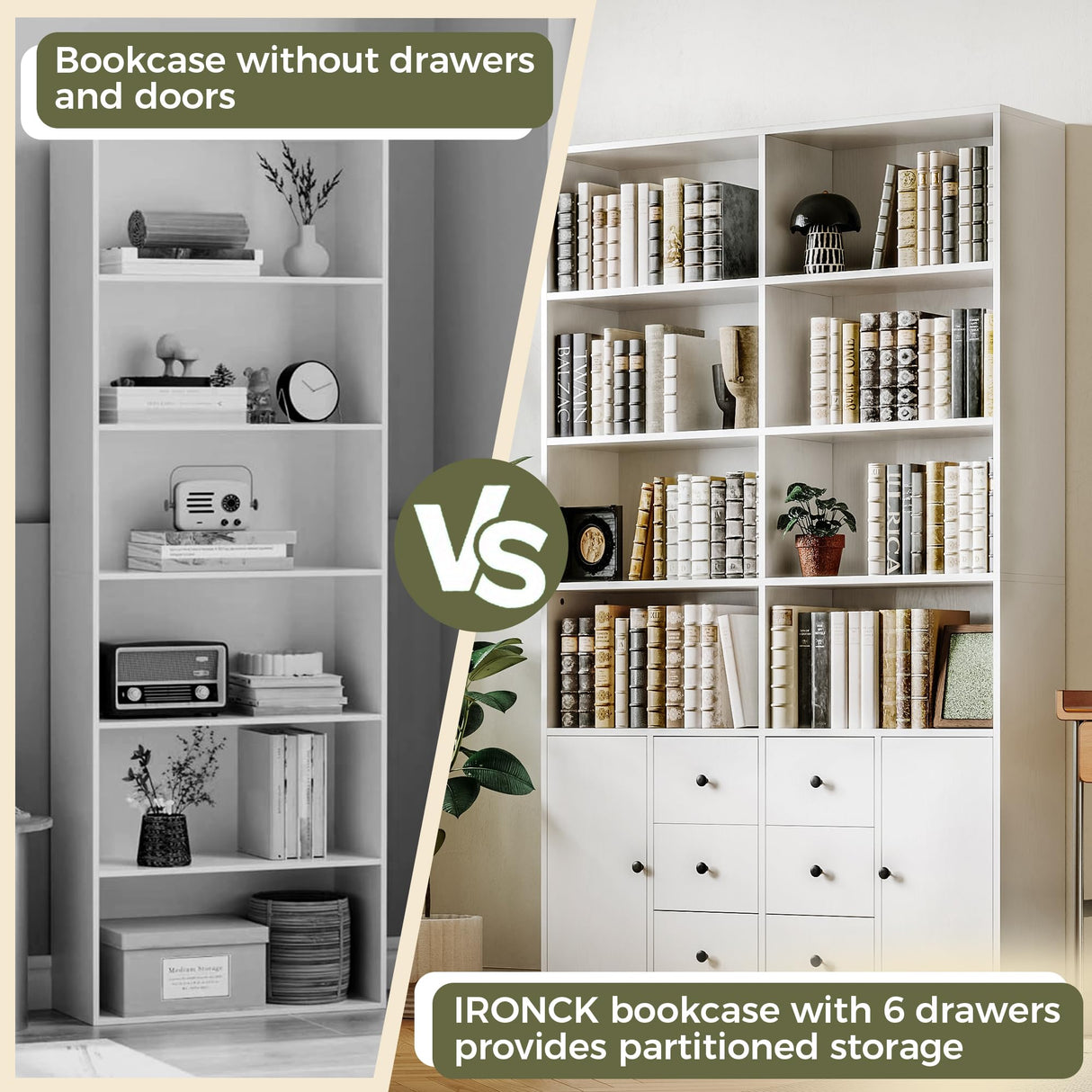 IRONCK 78.7" Bookcase with 6 Drawers, 6 Tier Large Bookshelf with 2 Doors, Large Bookcase with Adjustable Shelves, Tall Storage Cabinet for Home Office, Living Room, White IRONCK