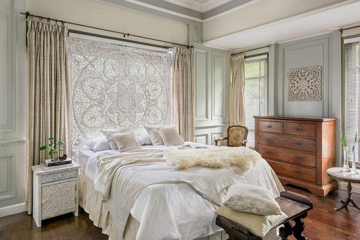 Wood Hand Carved Mandala King Size Headboard Wall Mounted Art Hanging Whitewash Bedroom Furniture Handcrafted in Thailand 72 Inches Siam Sawadee